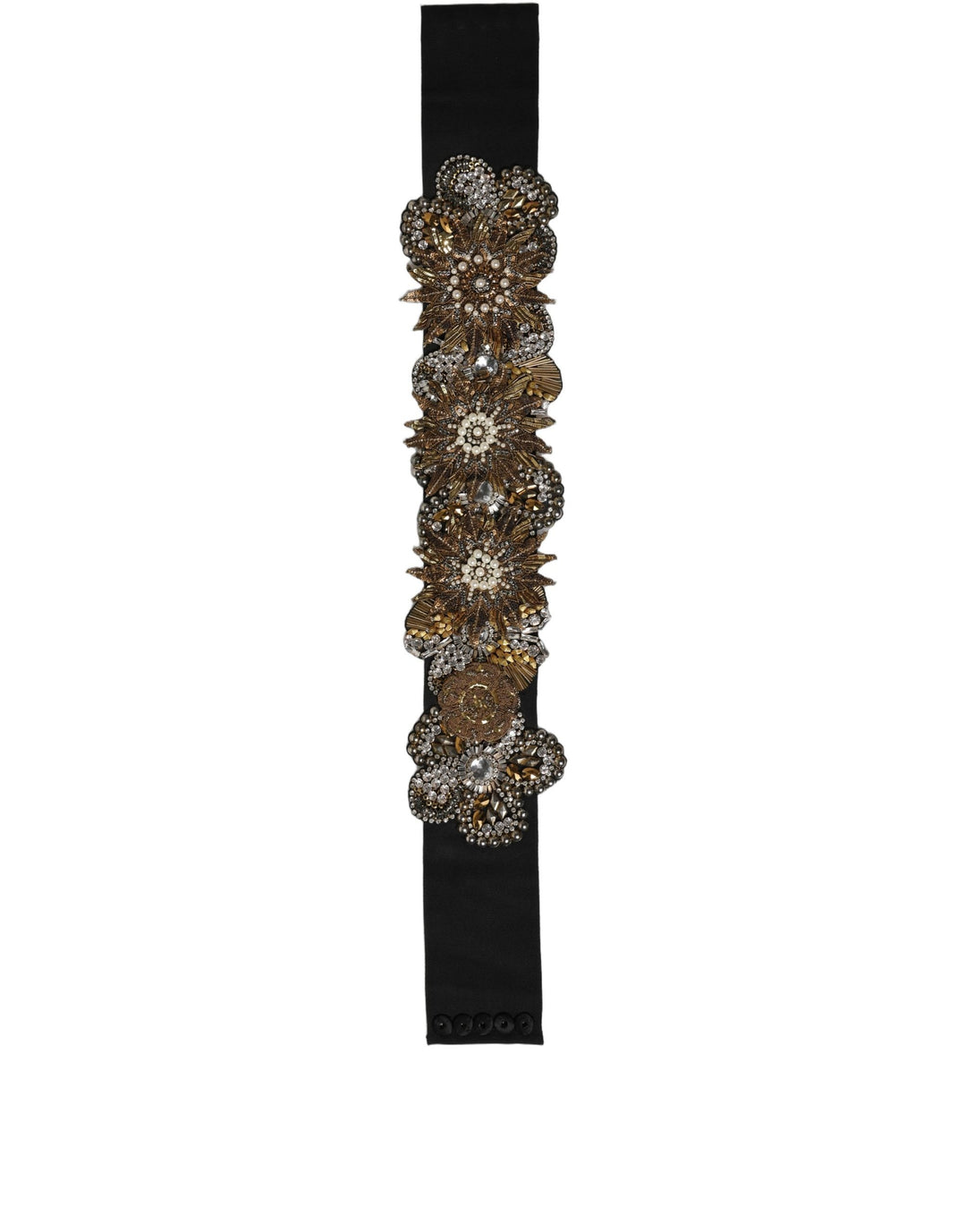 Women’s Dolce &amp; Gabbana Black Gold Tone Crystal Brass Flower Brooches Belt