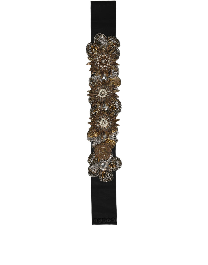 Women’s Dolce &amp; Gabbana Black Gold Tone Crystal Brass Flower Brooches Belt