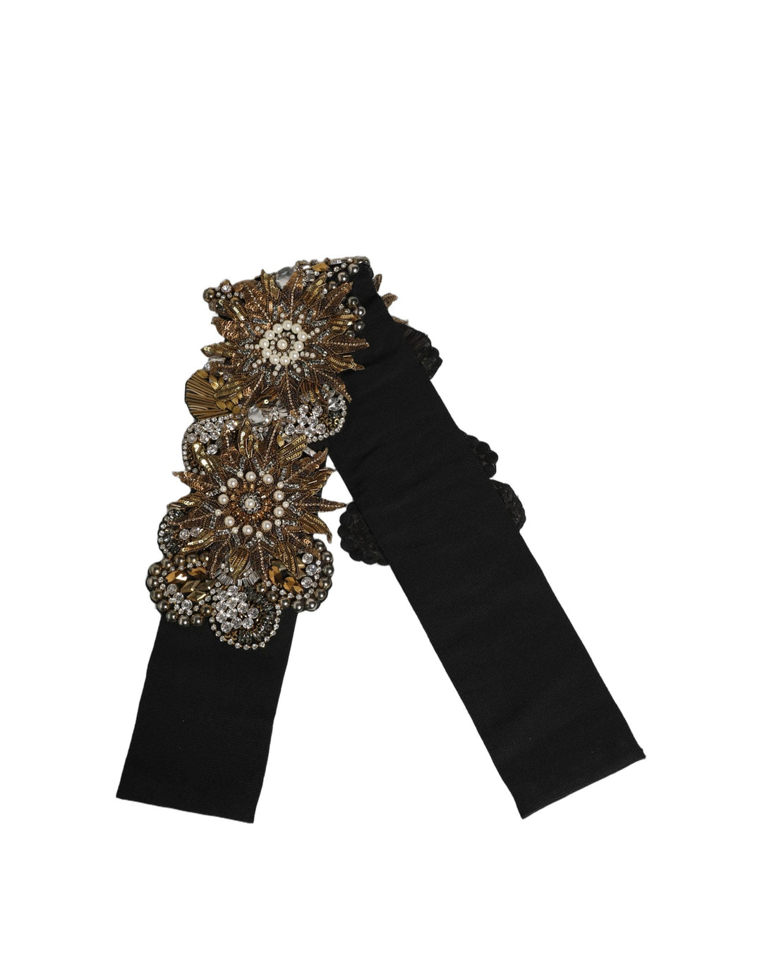Women’s Dolce &amp; Gabbana Black Gold Tone Crystal Brass Flower Brooches Belt