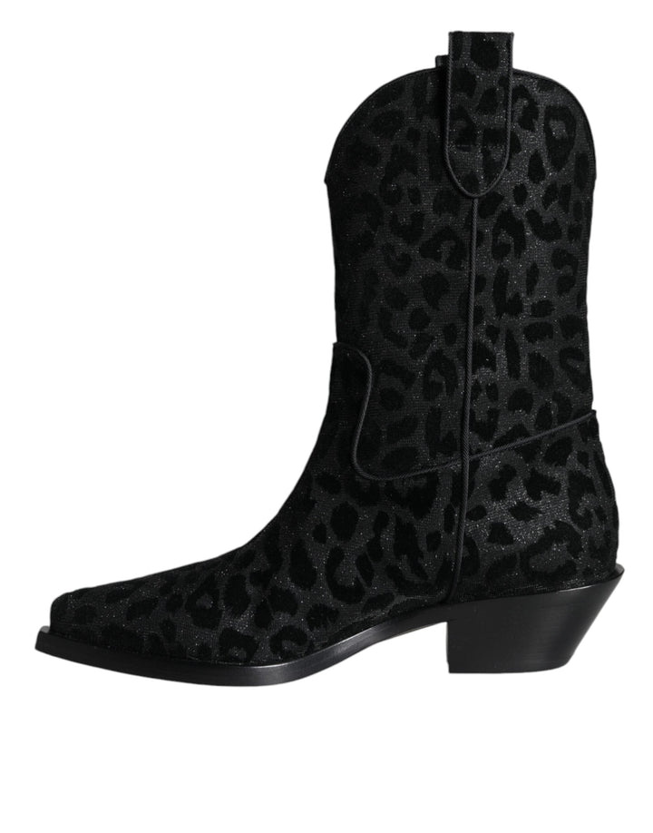 Women’s Dolce &amp; Gabbana Black Gray Leopard Cowboy Boots Shoes