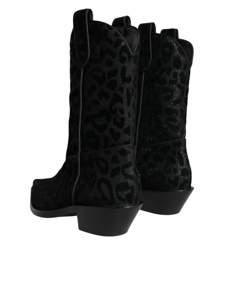 Women’s Dolce &amp; Gabbana Black Gray Leopard Cowboy Boots Shoes