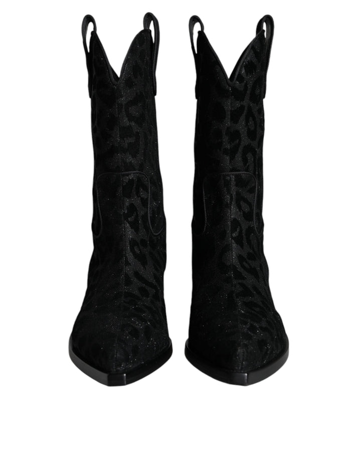 Women’s Dolce &amp; Gabbana Black Gray Leopard Cowboy Boots Shoes