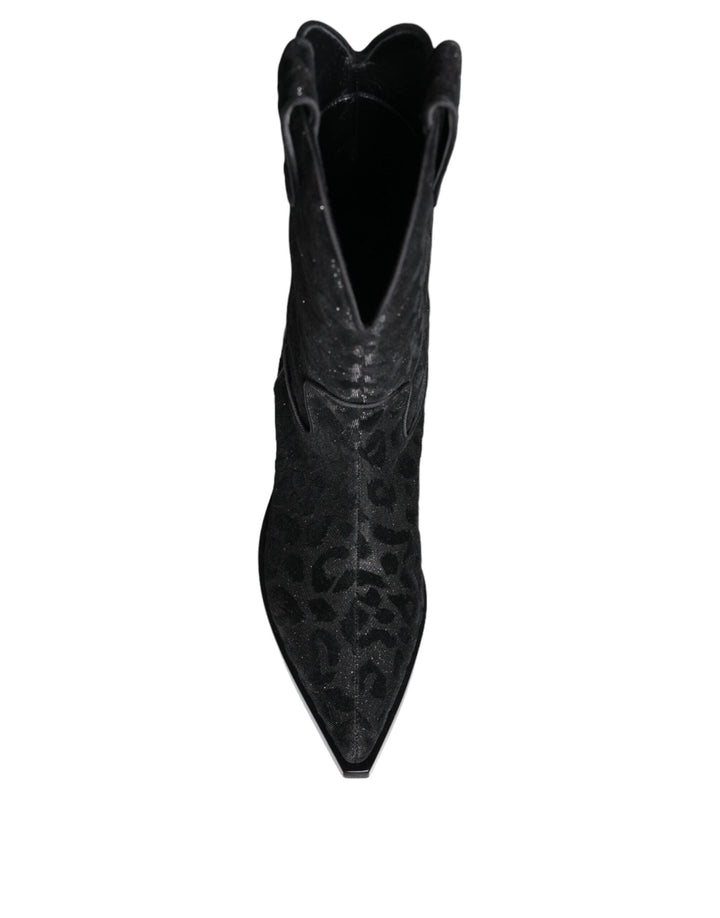Women’s Dolce &amp; Gabbana Black Gray Leopard Cowboy Boots Shoes