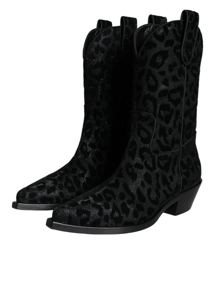 Women’s Dolce &amp; Gabbana Black Gray Leopard Cowboy Boots Shoes