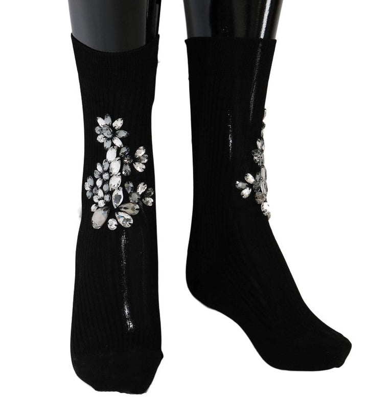 Women’s Dolce &amp; Gabbana Black Knitted Floral Clear Crystal Socks