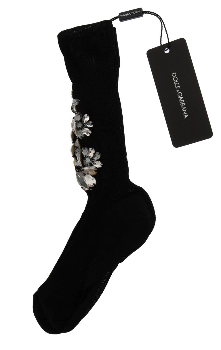 Women’s Dolce &amp; Gabbana Black Knitted Floral Clear Crystal Socks