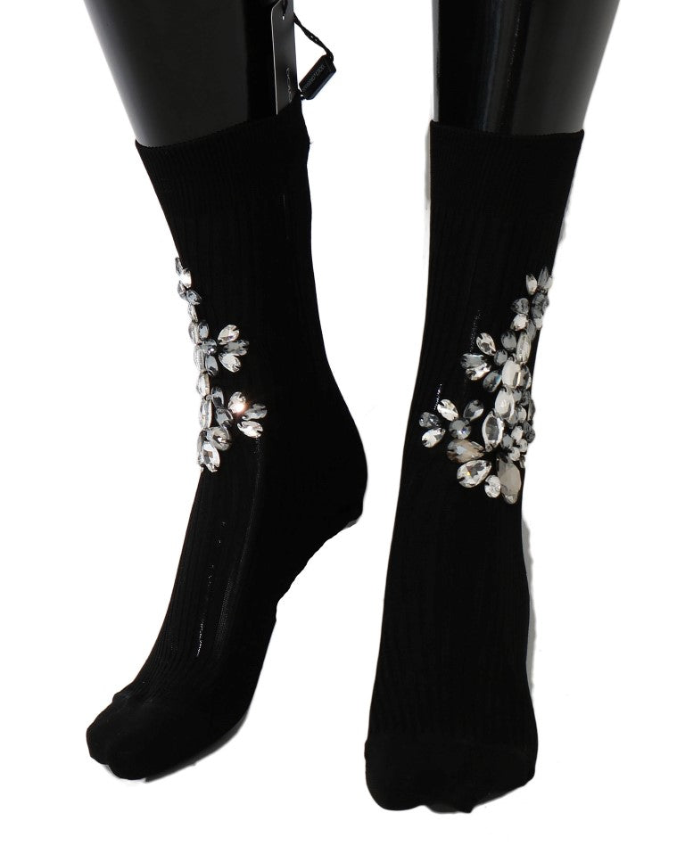 Women’s Dolce &amp; Gabbana Black Knitted Floral Clear Crystal Socks