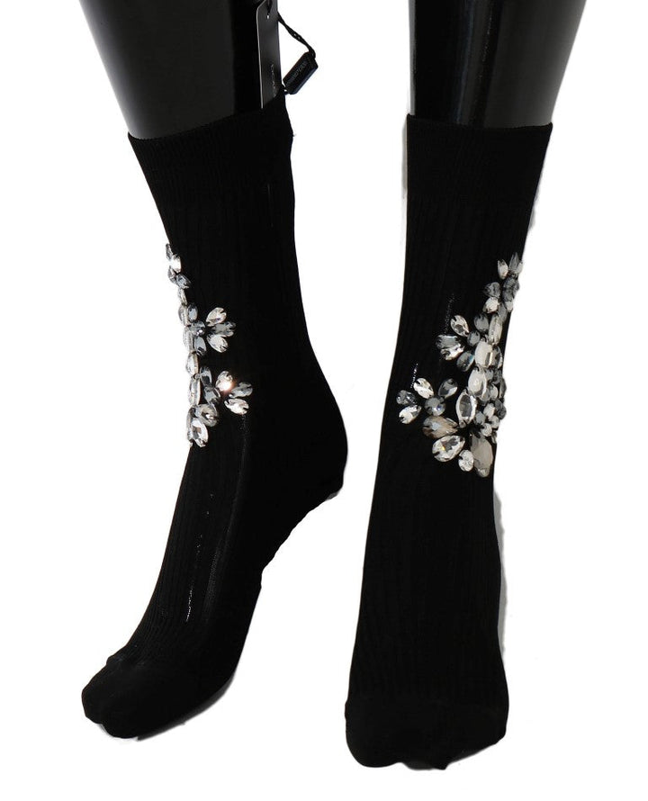 Women’s Dolce &amp; Gabbana Black Knitted Floral Clear Crystal Socks