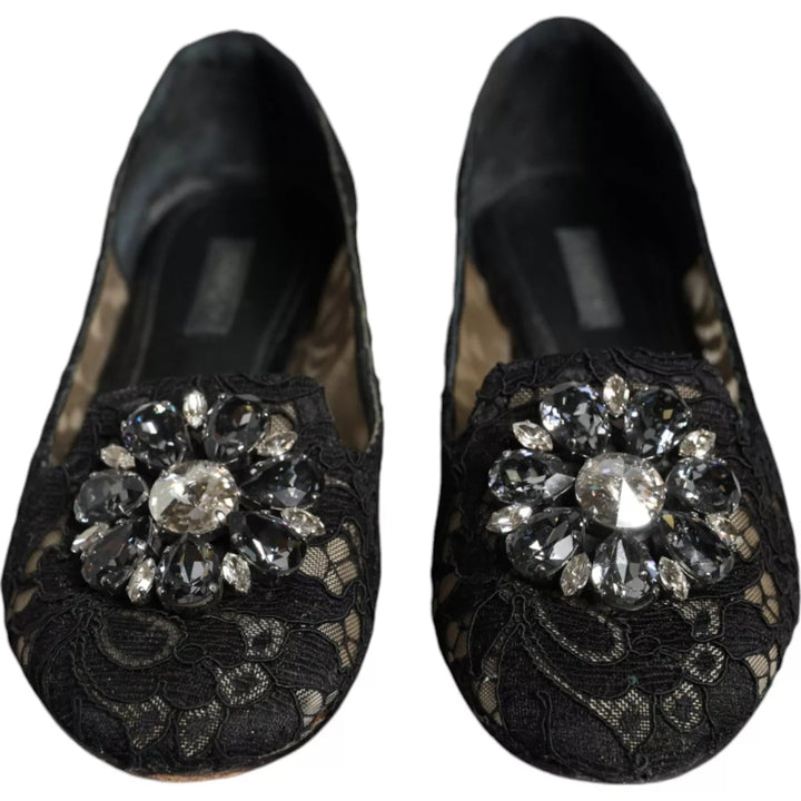 Women’s Dolce &amp; Gabbana Black Lace Crystal Ballet Flats Loafer Shoes