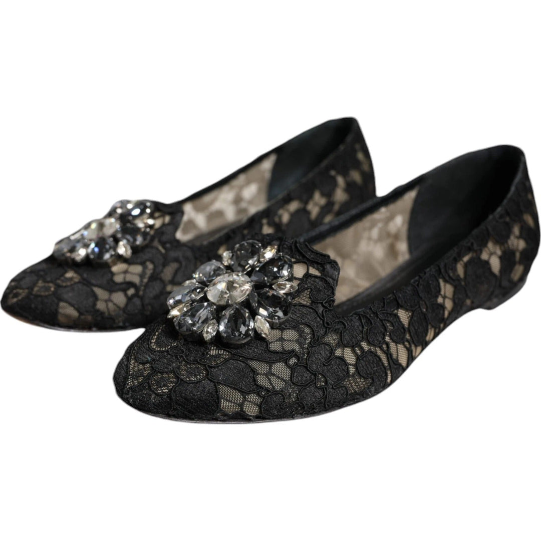 Women’s Dolce &amp; Gabbana Black Lace Crystal Ballet Flats Loafer Shoes