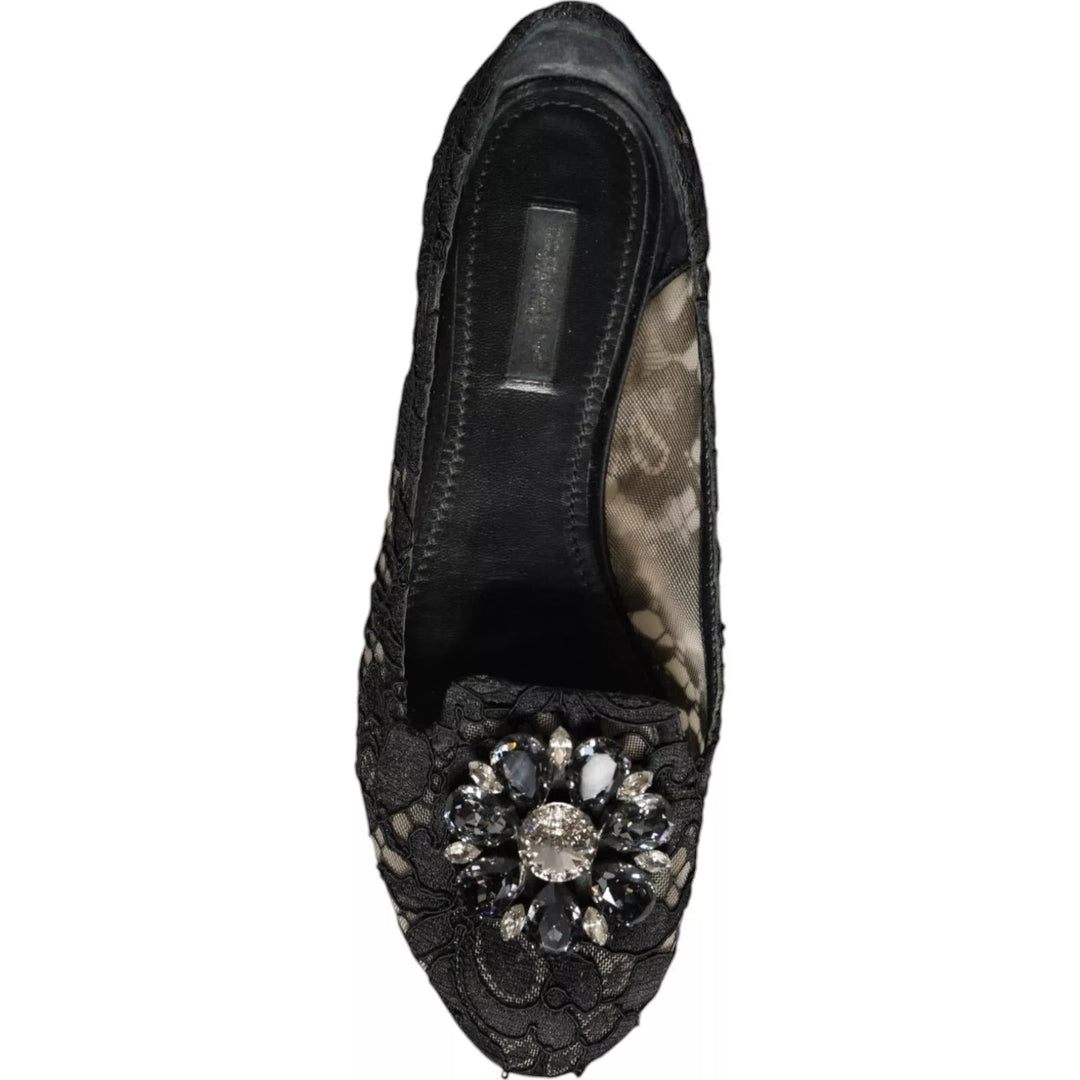 Women’s Dolce &amp; Gabbana Black Lace Crystal Ballet Flats Loafer Shoes