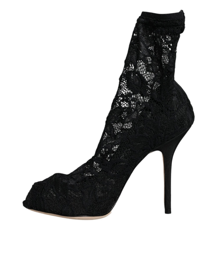 Women’s Dolce &amp; Gabbana Black Lace Stretch Heels Mid Calf Boot Shoes