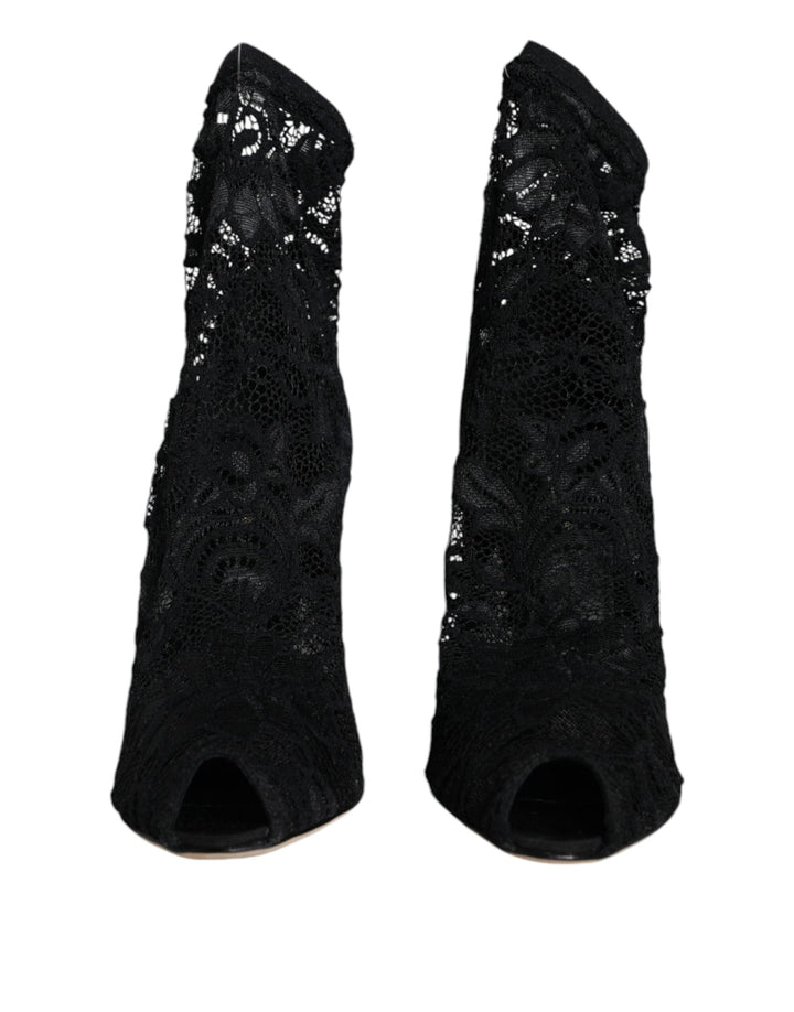 Women’s Dolce &amp; Gabbana Black Lace Stretch Heels Mid Calf Boot Shoes