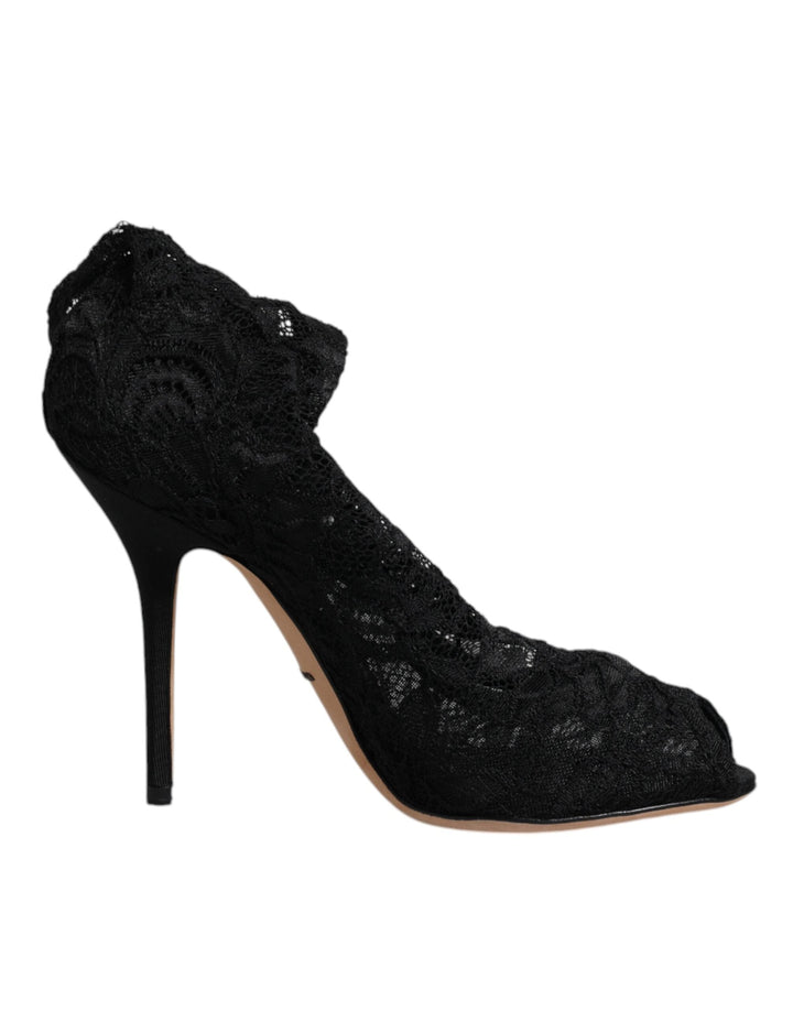 Women’s Dolce &amp; Gabbana Black Lace Stretch Heels Mid Calf Boots Shoes
