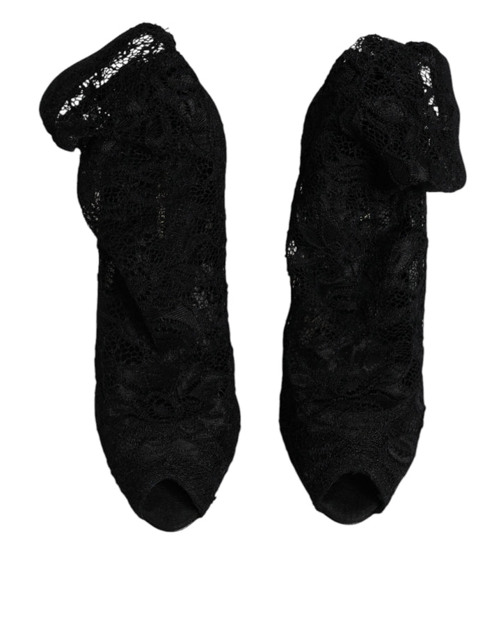 Women’s Dolce &amp; Gabbana Black Lace Stretch Heels Mid Calf Boots Shoes