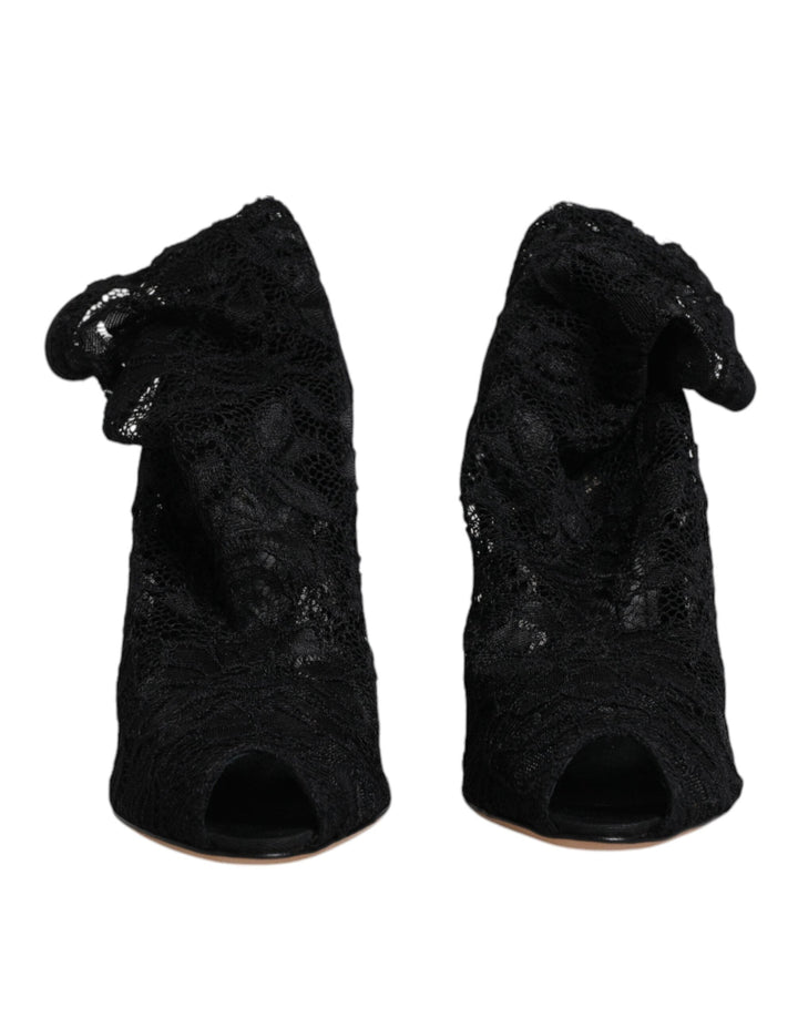 Women’s Dolce &amp; Gabbana Black Lace Stretch Heels Mid Calf Boots Shoes