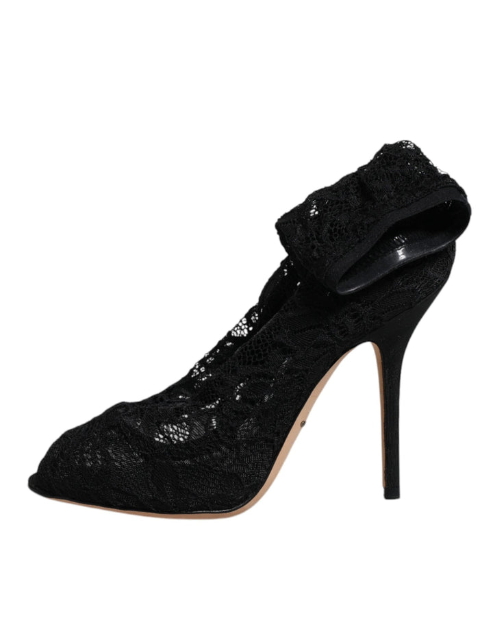 Women’s Dolce &amp; Gabbana Black Lace Stretch Heels Mid Calf Boots Shoes