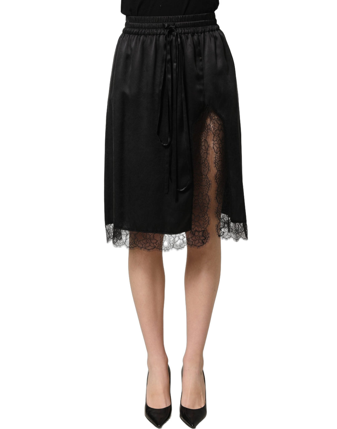 Women’s Dolce &amp; Gabbana Black Lace Trimmed Satin Side Slit Skirt
