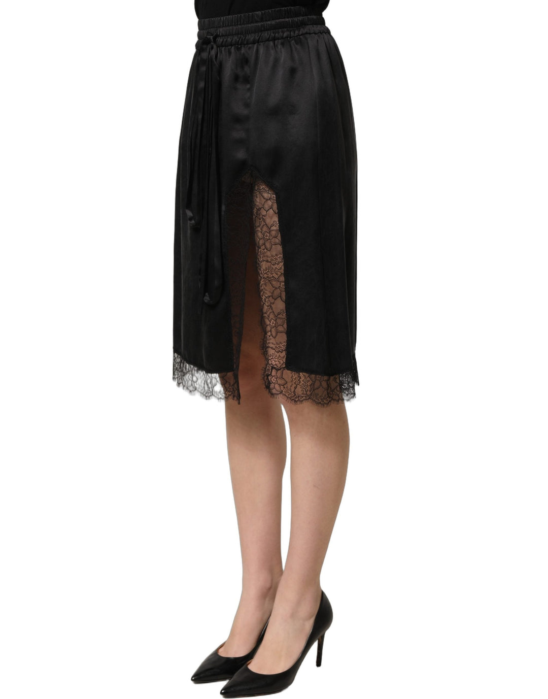 Women’s Dolce &amp; Gabbana Black Lace Trimmed Satin Side Slit Skirt