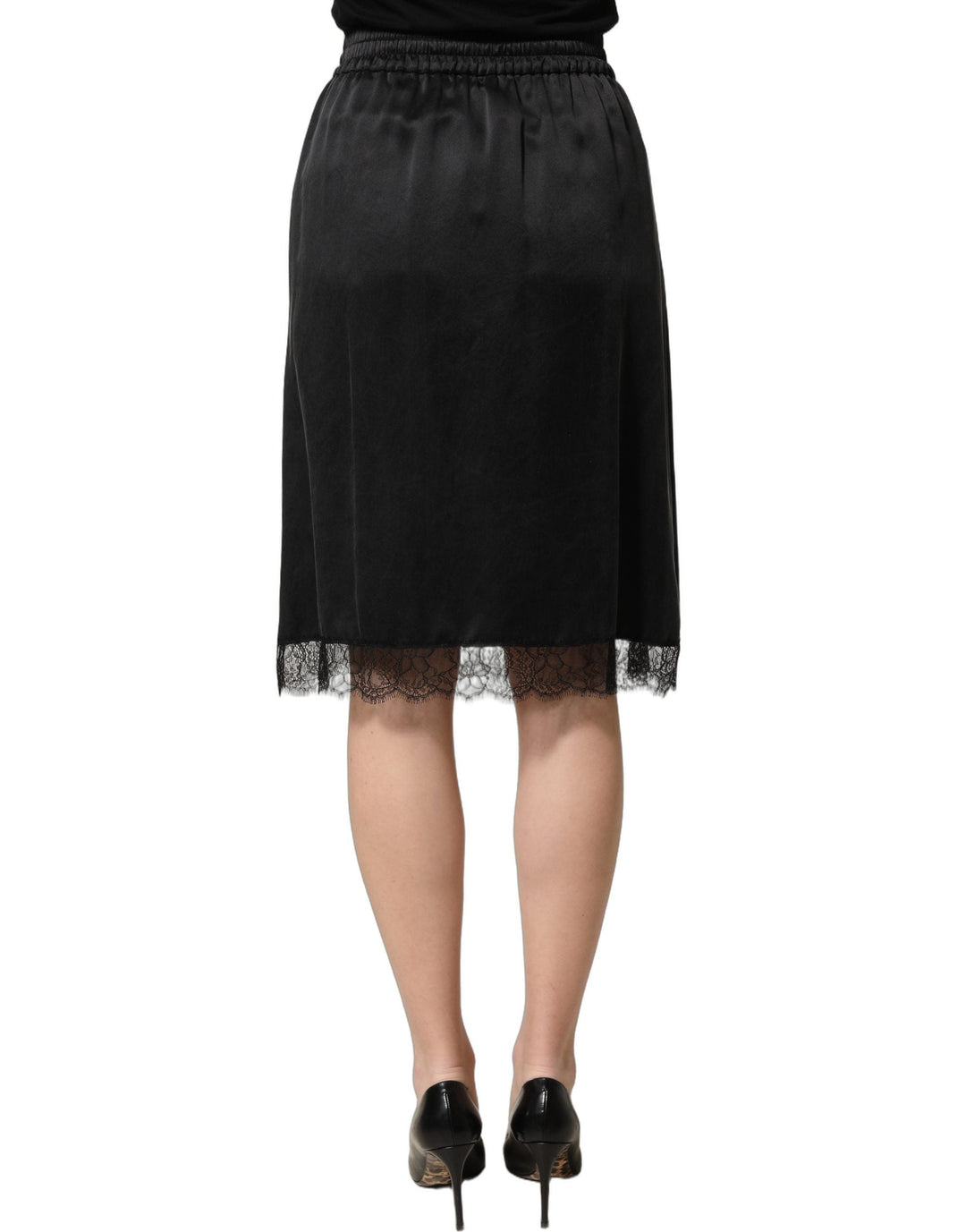 Women’s Dolce &amp; Gabbana Black Lace Trimmed Satin Side Slit Skirt