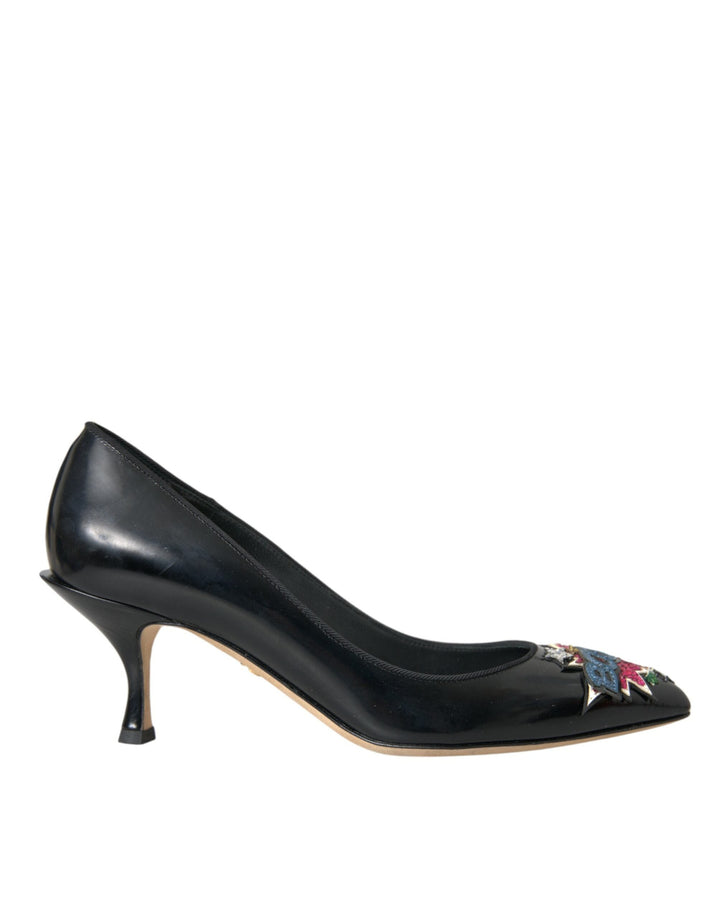 Women’s Dolce &amp; Gabbana Black Leather Boom Patch Heels Pumps Shoes