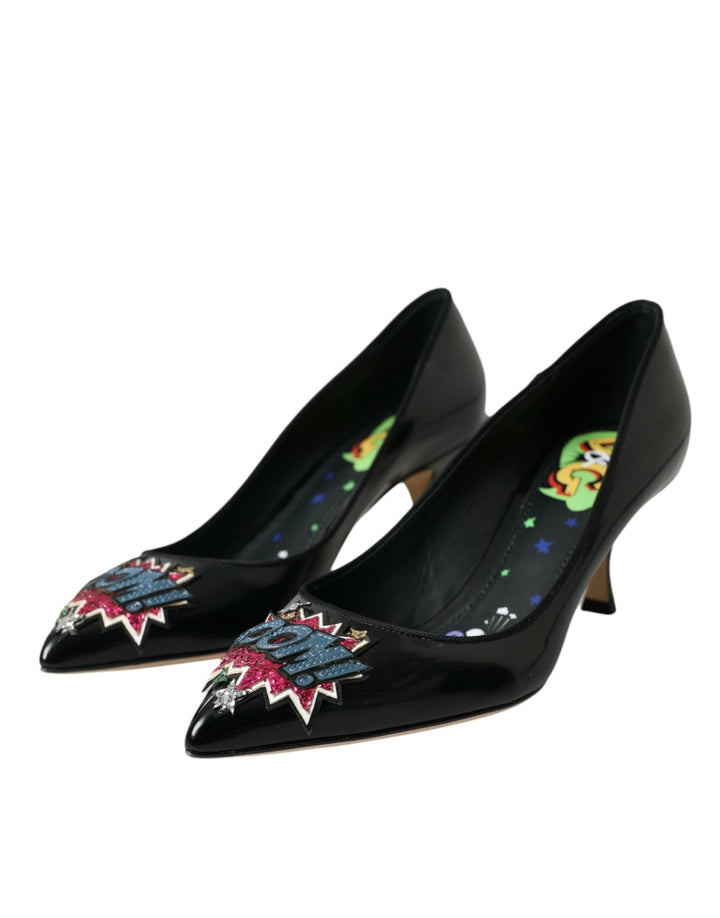 Women’s Dolce &amp; Gabbana Black Leather Boom Patch Heels Pumps Shoes