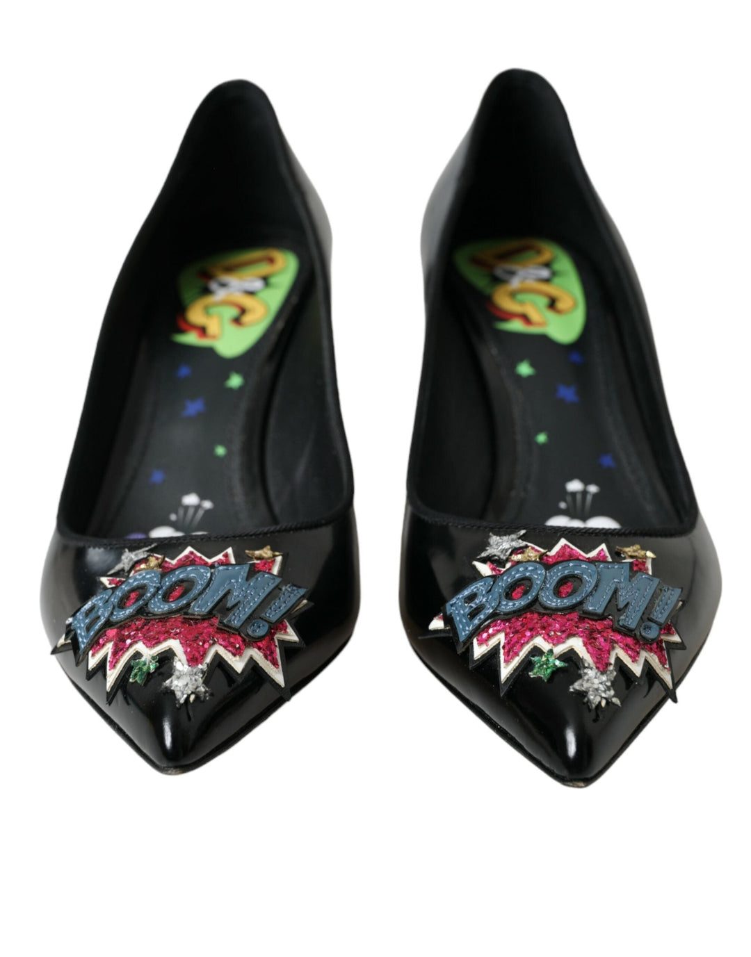 Women’s Dolce & Gabbana Black Leather Boom Patch Heels Pumps Shoes