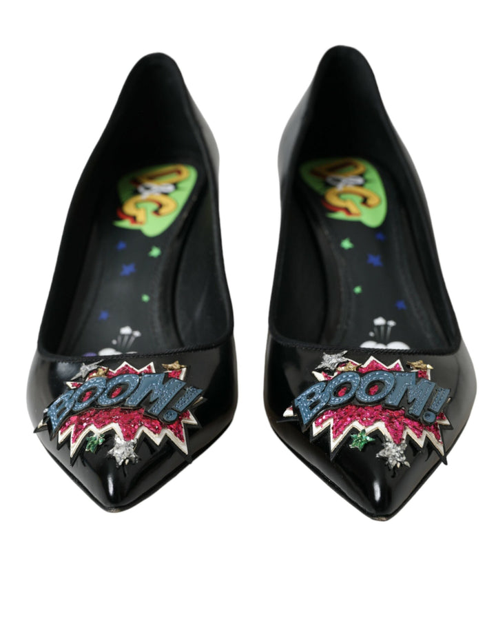Women’s Dolce &amp; Gabbana Black Leather Boom Patch Heels Pumps Shoes