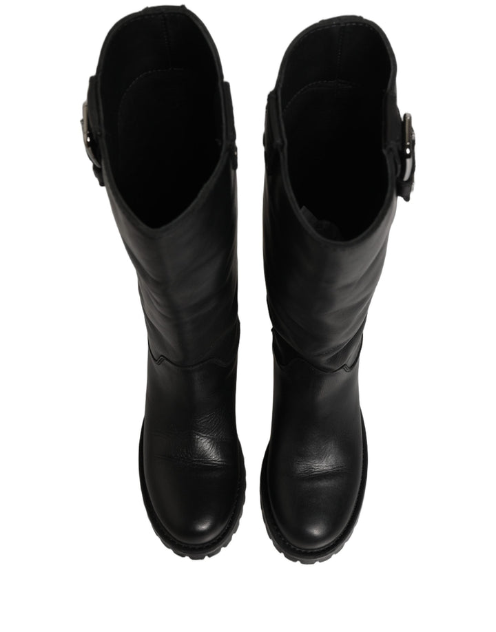 Women’s Dolce &amp; Gabbana Black Leather Buckle Detail Mid Calf Boots Shoes