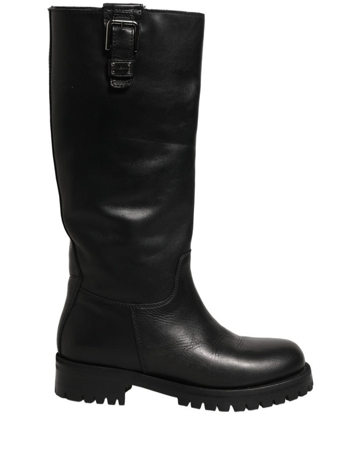 Women’s Dolce &amp; Gabbana Black Leather Buckle Detail Mid Calf Boots Shoes