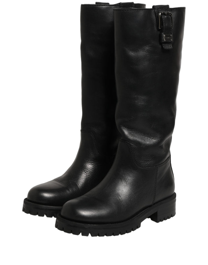 Women’s Dolce &amp; Gabbana Black Leather Buckle Detail Mid Calf Boots Shoes