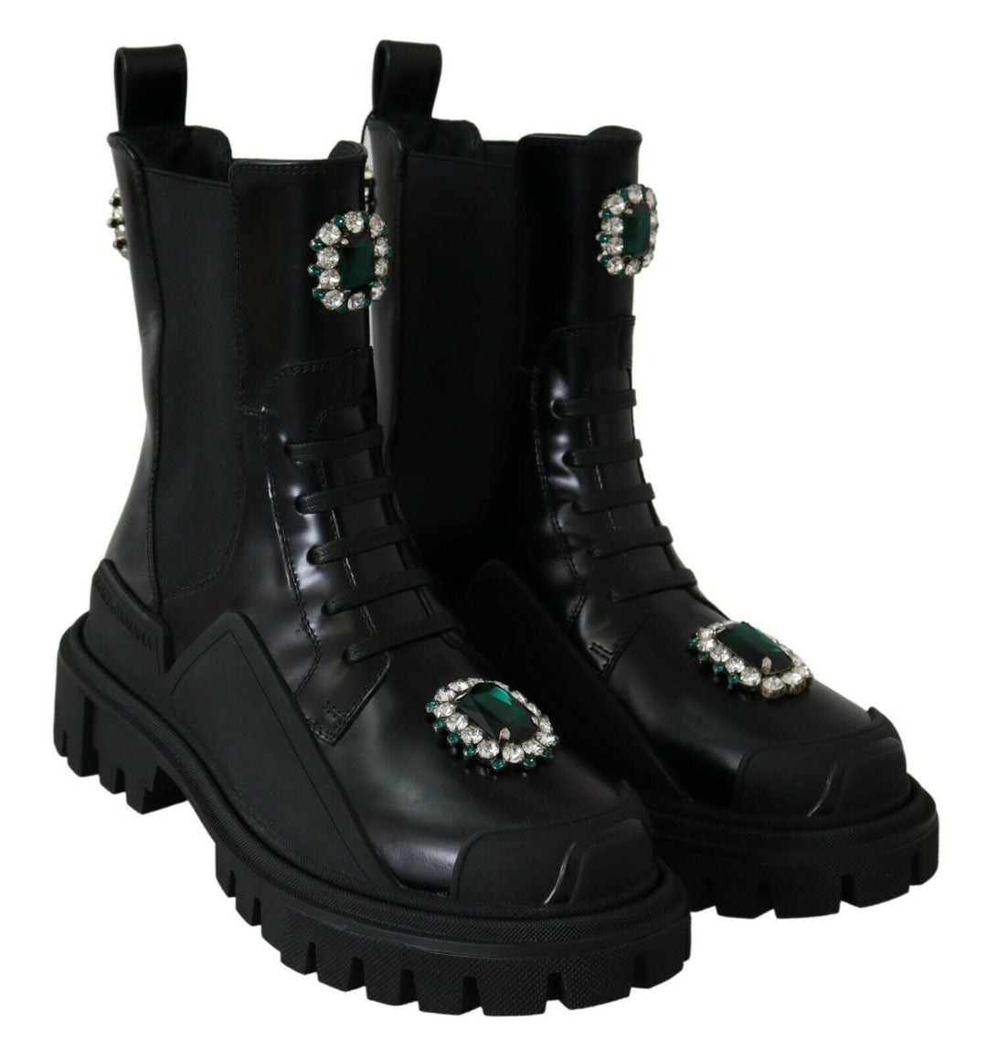 Women’s Dolce & Gabbana Black Leather Crystal Combat Boots
