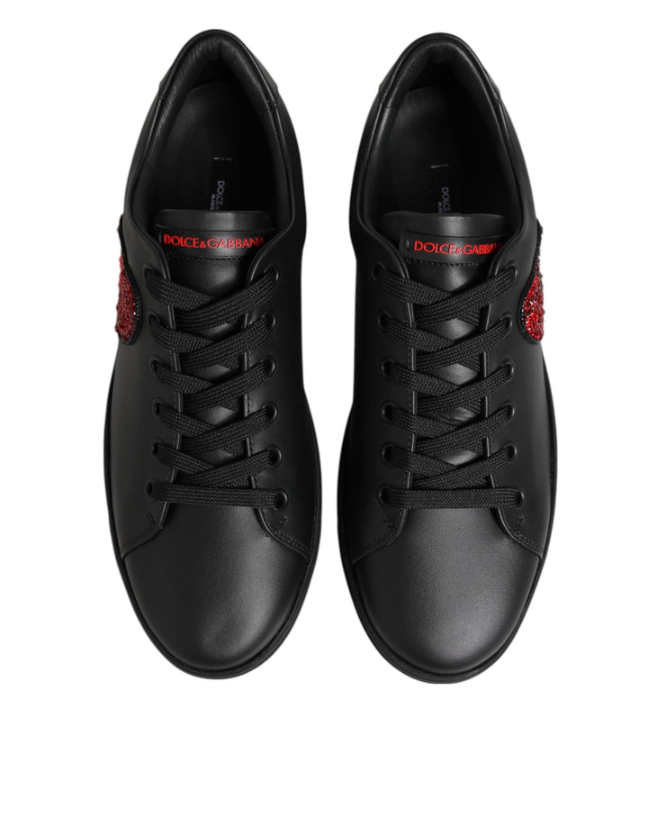 Dolce &amp; Gabbana Black Leather Crystal Heart Low Top Sneakers  Shoes