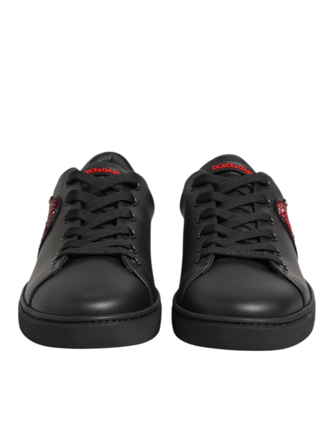 Dolce &amp; Gabbana Black Leather Crystal Heart Low Top Sneakers  Shoes