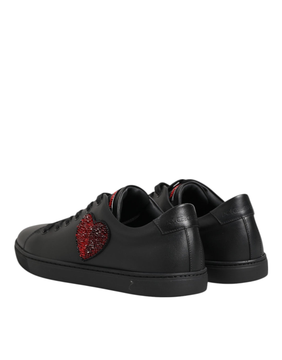 Dolce &amp; Gabbana Black Leather Crystal Heart Low Top Sneakers  Shoes