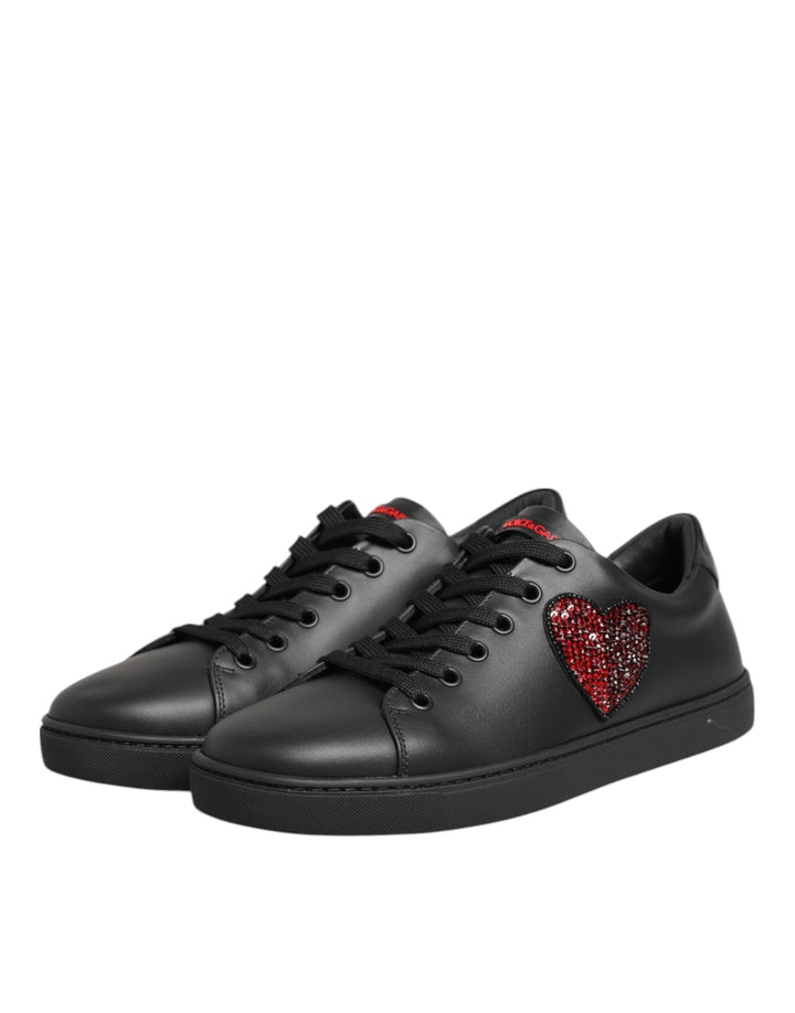 Dolce &amp; Gabbana Black Leather Crystal Heart Low Top Sneakers  Shoes