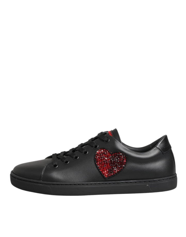 Dolce &amp; Gabbana Black Leather Crystal Heart Low Top Sneakers  Shoes