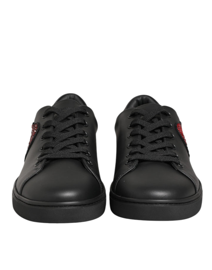 Dolce &amp; Gabbana Black Leather Crystal Heart Sneakers  Shoes