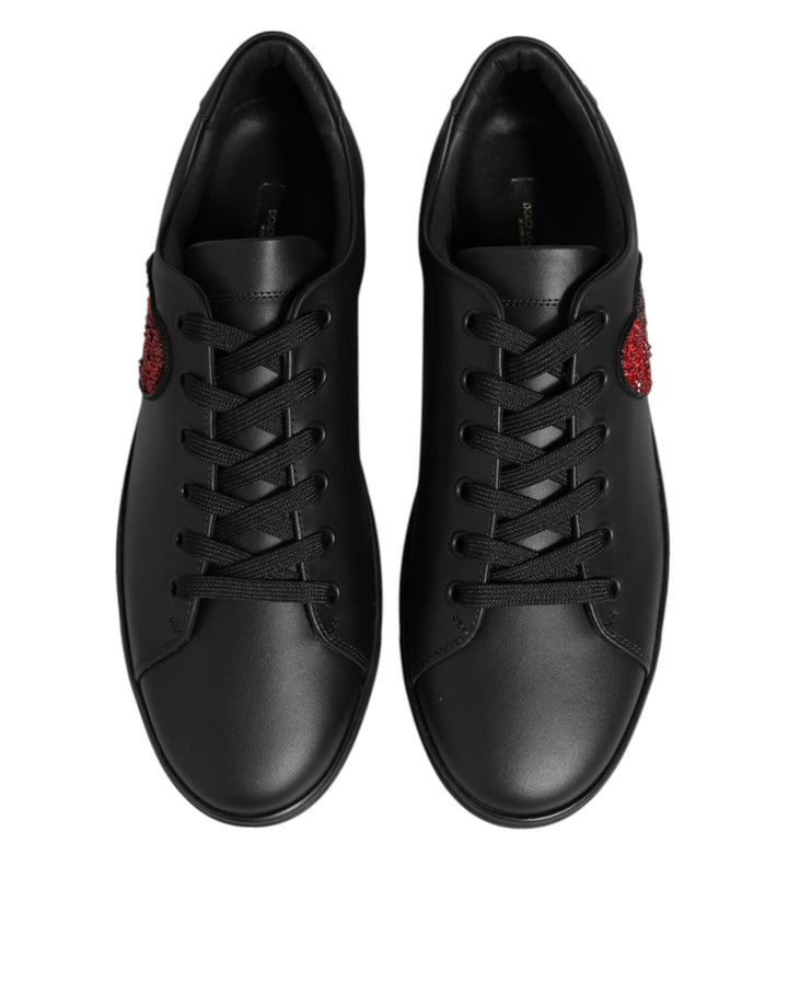 Dolce &amp; Gabbana Black Leather Crystal Heart Sneakers  Shoes