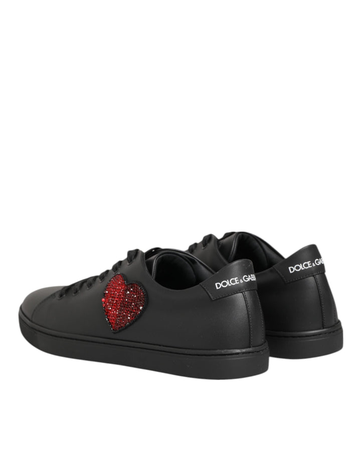Dolce &amp; Gabbana Black Leather Crystal Heart Sneakers  Shoes
