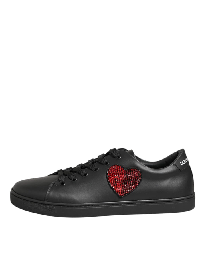 Dolce &amp; Gabbana Black Leather Crystal Heart Sneakers  Shoes