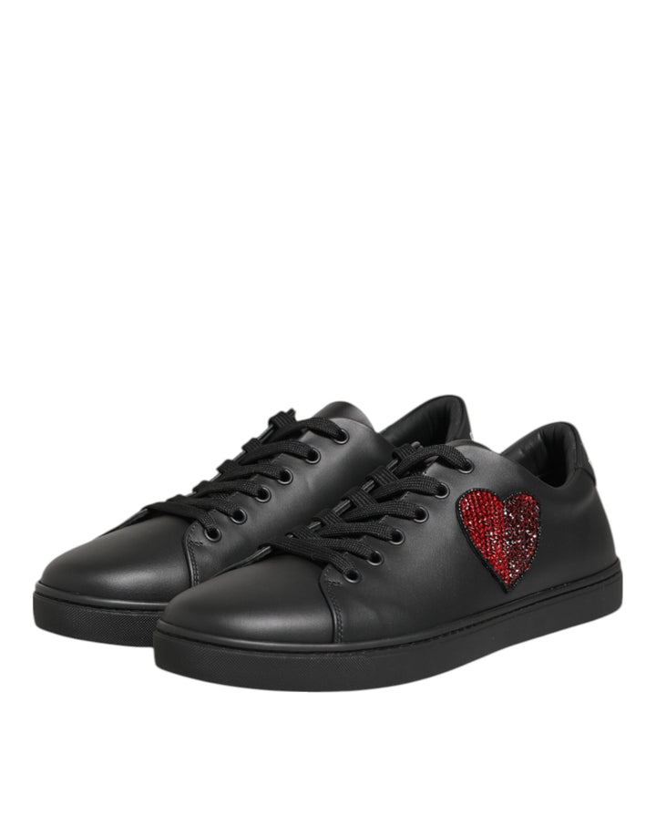 Dolce &amp; Gabbana Black Leather Crystal Heart Sneakers  Shoes