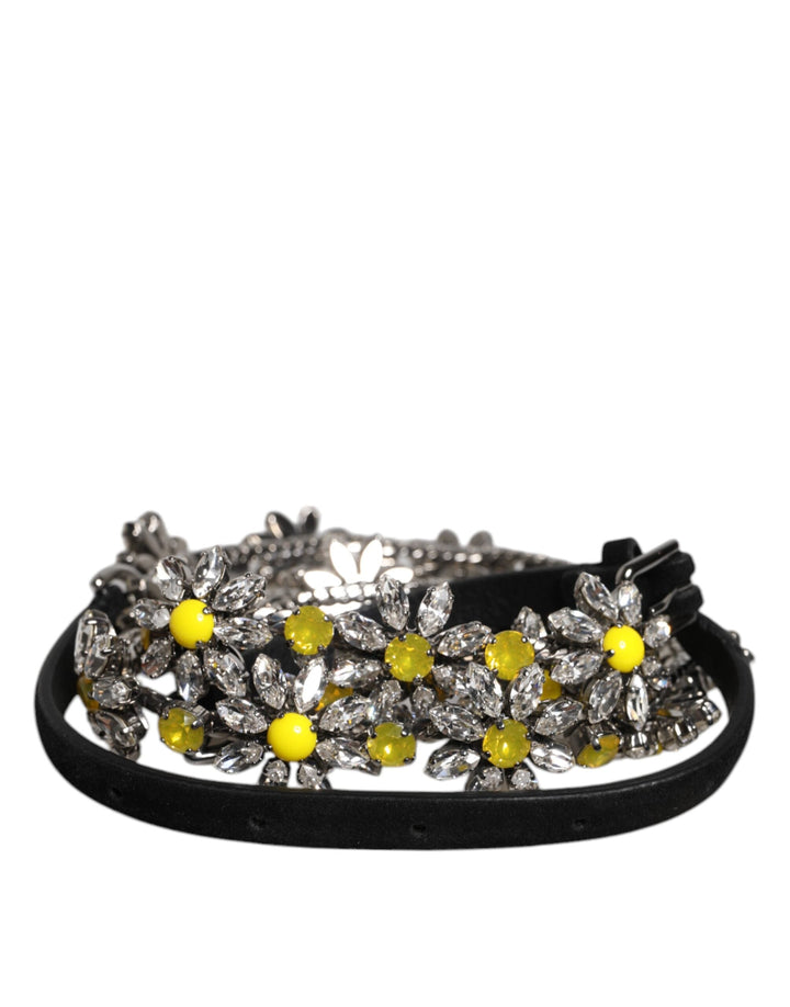 Women’s Dolce &amp; Gabbana Black Leather Daisy Crystal Embellish Waist Belt