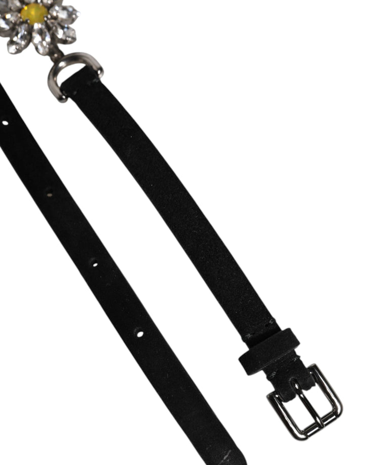 Women’s Dolce &amp; Gabbana Black Leather Daisy Crystal Embellish Waist Belt