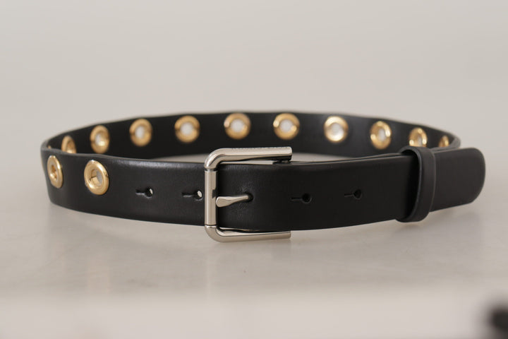 Women’s Dolce &amp; Gabbana Black Leather Eyelet Silver Tone Metal Buckle Belt