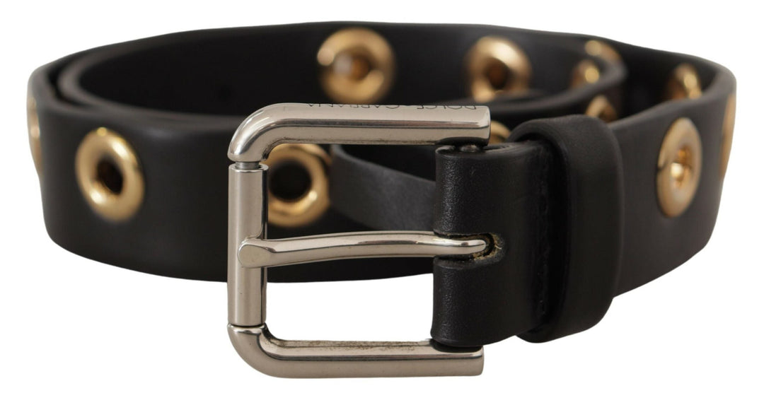 Women’s Dolce &amp; Gabbana Black Leather Eyelet Silver Tone Metal Buckle Belt