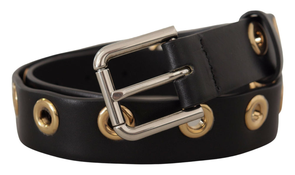 Women’s Dolce & Gabbana Black Leather Eyelet Silver Tone Metal Buckle Belt