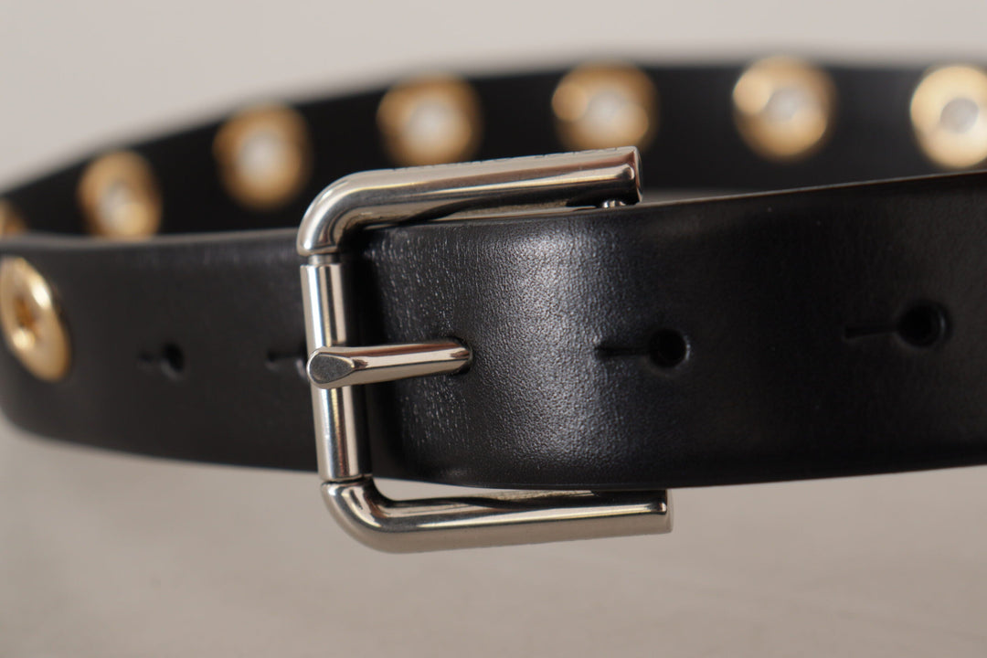 Women’s Dolce &amp; Gabbana Black Leather Eyelet Silver Tone Metal Buckle Belt