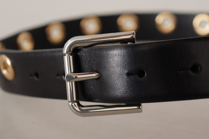 Women’s Dolce &amp; Gabbana Black Leather Eyelet Silver Tone Metal Buckle Belt