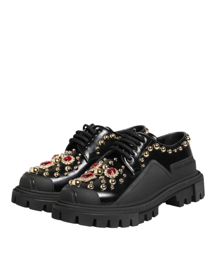Women’s Dolce &amp; Gabbana Black Leather Jeweled Crystals Derby Shoes